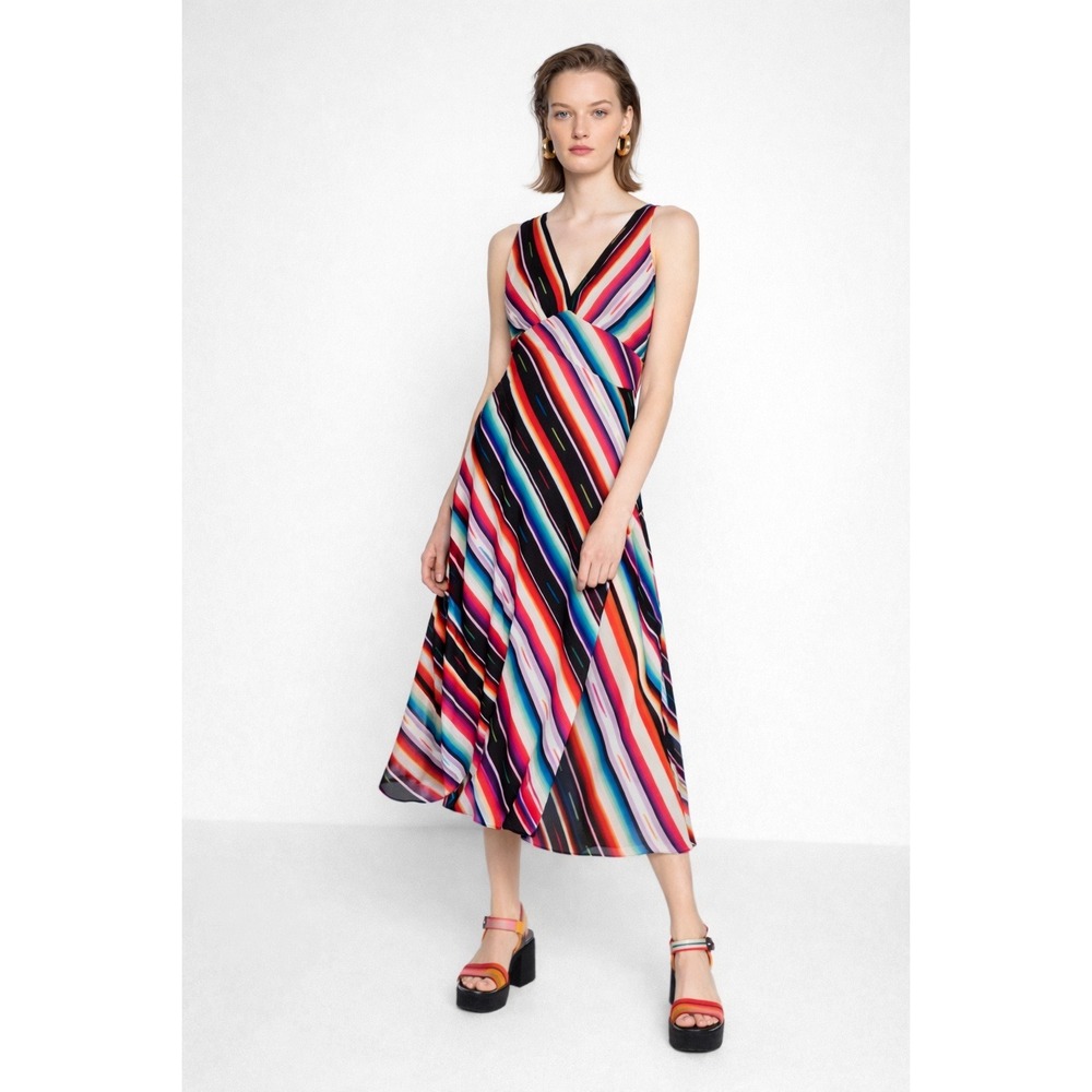 NWT Lauren Ralph Lauren Rainbow Stripe‎ V-Neck Midi Dress Empire Vibrant Y2K 6